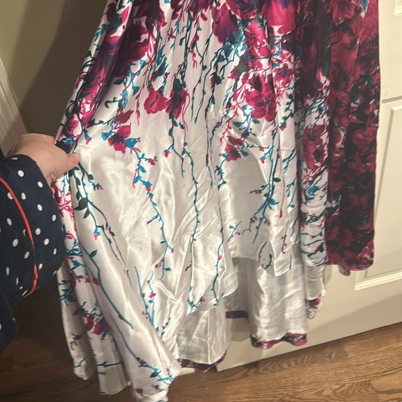 Stunning Cache Satin Floral Gown strapless with asymmetric lines train pink teal - Picture 5 of 11